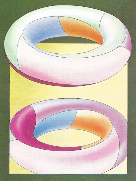 On a donut, or torus, a map can need up to seven colors to prevent ajacent areas sharing the sam ecolor. The map shown (with its mirrored reflection for completeness) needs all seven because each area touches the other six. The sections form a continuous helix winding round twice before closing on itself