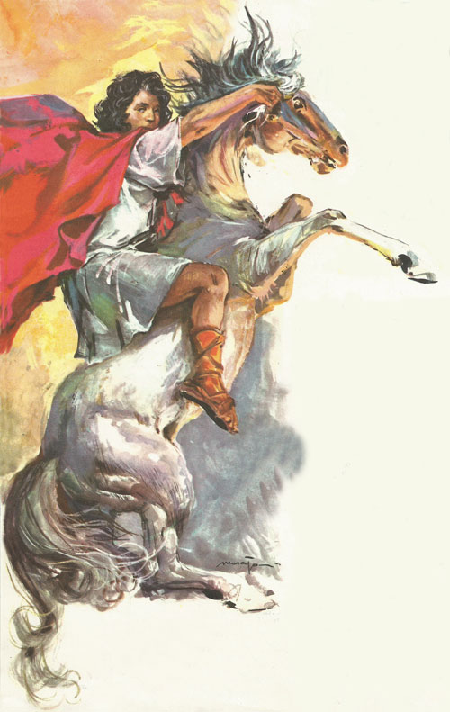 Alexander, as a boy of fourteen, tames the wild horse Bucephalus which no one else could master.  He rode Bucephalus in all his battles, and when the horse died of wounds, in India, he built a town and named it after him