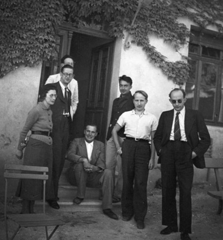 Bourbaki congress at Dieulefit on 1938. From left, Simone Weil, Charles Pisot, André Weil, Jean Dieudonné (sitting), Claude Chabauty, Charles Ehresmann, and Jean Delsarte