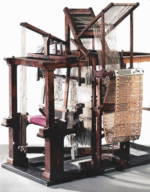 A model of the mechanically programmed loom designed by Jean-Baptiste Falcon in 1728.