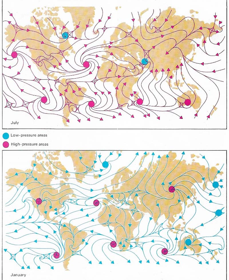 World winds in July and January form a pattern.