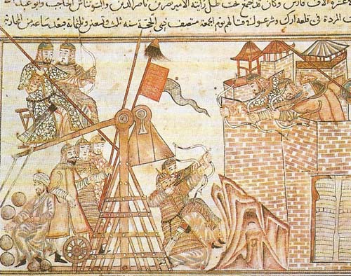 Mongol troops are shown attacking a town with the aid of siege engines. These engines, called mangonels, were made by a German in China in 1273.