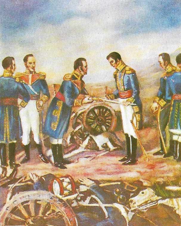 Bolivar accepts the surrender of the Spanish at the Battle of Boyaca.