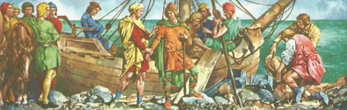 Harold returning to England in 1064, having sworn to support William's claim to the English throne