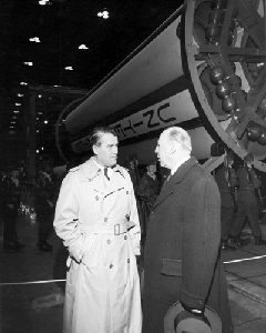 von Braun and Wilbur Brucker in the ABMA Fabrication Laboratory
