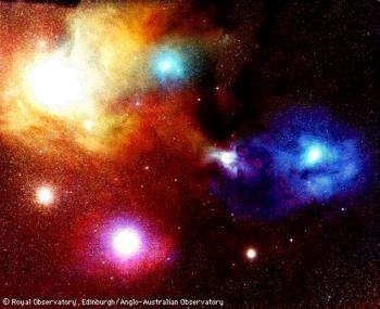 Antares (upper left), Rho Ophiuchi (blue), and Sigma 
                Scorpii (red)
