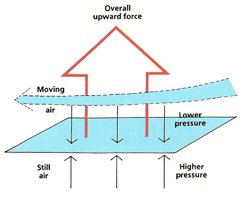 Bernoulli's principle results in an upward-pressing force