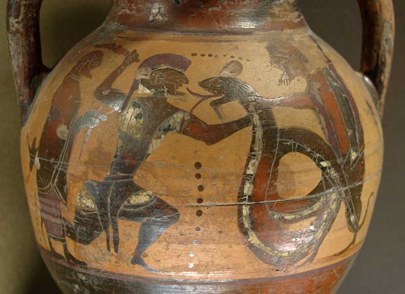 Cadmus fighting the dragon portrayed 
            on a Greek urn