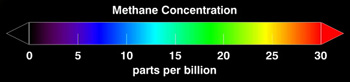 Key to map of martian methane concentrations