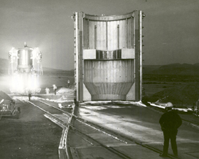 Experimental nuclear rocket engine assembly at Nuclear Rocket Development Station