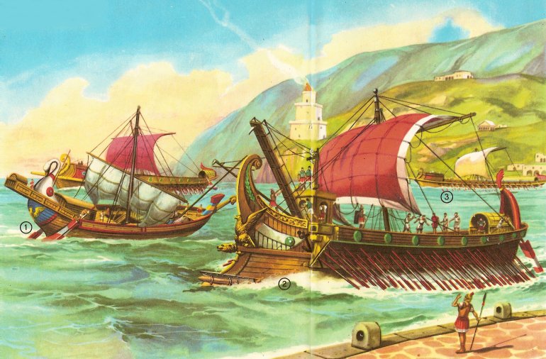 Roman ships maneuvering out of port