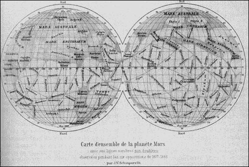 Map of Mars by Schiaparelli based on observations during six oppositions between 1877 and 1888.