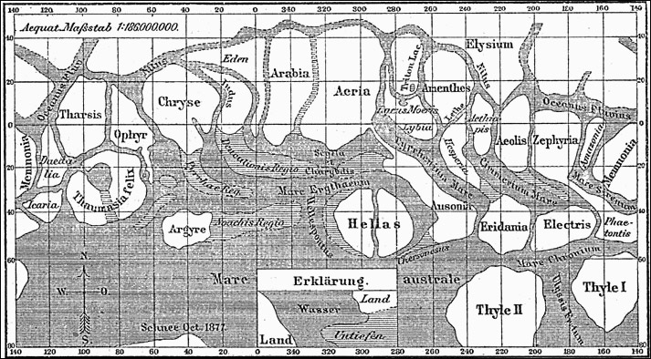 Maps of mars by Schiaparelli published in Meyers Konversations-Lexikon (German encyclopedia), 1888