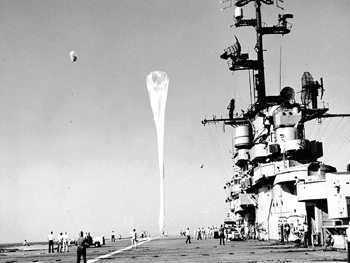 Skyhook balloon being prepared for launch from a navy vessel