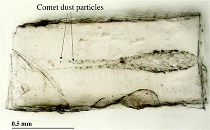 A tiny bit of aerogel contains a carrot-shaped track carved by comet dust particles, as seen in this cross-section. The particles themselves are at the very tips of the 'carrot'.
