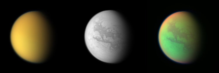 Three views of Titan from observations by the Cassini
spacecraft