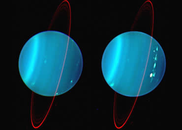 Two sides of Uranus, imaged through colored filters, showing long-lived clouds drifting across the surface (Image: Lawrence Sromovsky, UW-Madison)