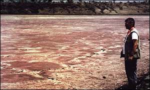 Salt flats at Lake Magadi, Kenya. The flats are red due to the proliferation of halobacteria