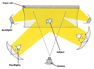 the set up of lights in a photographer's studio