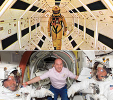 Suited astronauts in the Jupiter probe Discovery and the International Space Station