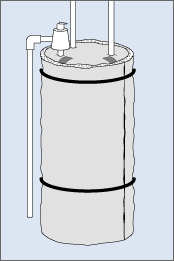 Illustration of a water tank covered by an insulation blanket secured by two belts