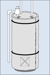 Illustration of a water tank covered by an insulation blanket secured by two belts. At the bottom of the tank, an x-shaped cut has been made in the insulation blanket over the access panel.