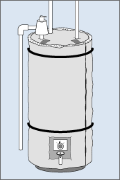 Illustration of a water tank covered by an insulation blanket secured by two belts. The triangular flaps created by the x-shaped cuts have been folded under the insulation to expose the access panel.