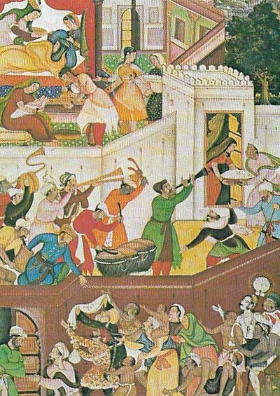 The Annals of Akbar, c. 1600, illustrates the festivities that marked the birth of Prince Salim at Fathpur Sikri in 1569.