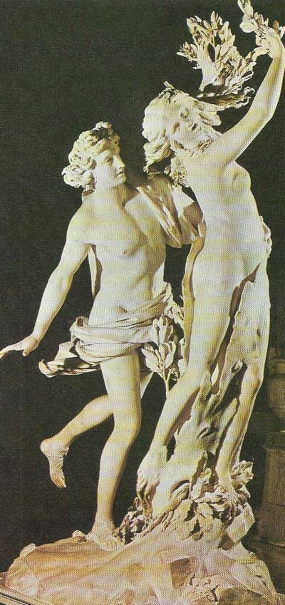 Bernini, foremost of the Baroque sculptors, first asserted his hold over his patrons and fellow artists by the brilliance of his technique. In his life-size marble of 'Apollo and Daphne', Daphne is changed before our eyes onto a laurel tree as the pursuing god is about to catch up with her.