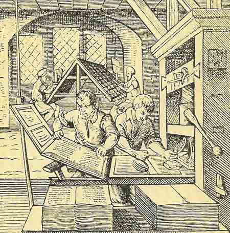 Printing from movable type radically improved the dissemination of knowledge about scientific discoveries in Europe by the 16th century. This woodcut of 1568 by Jost Amman shows a printing works with compositors setting up type in the background, while in the foreground the press is being operated.