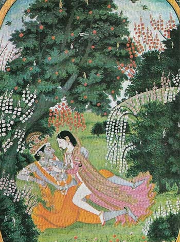 Divine love as an ideal for human love was a popular theme in Indian, as well as European, art, as seen in the poetic paintings of Krishna and Radha.