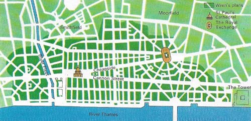 Several plans for rebuilding London were advanced after the Great Fire. Christopher Wren proposed that broad, straight streets should be laid down in a geometric pattern, a new St Paul's and Royal Exchange were the main focal points of his scheme, which featured several piazzas. But a shortage of money and conflicting interests meant that no scheme was adopted in full. Instead, the shape of the city was decided by a special committee. 
