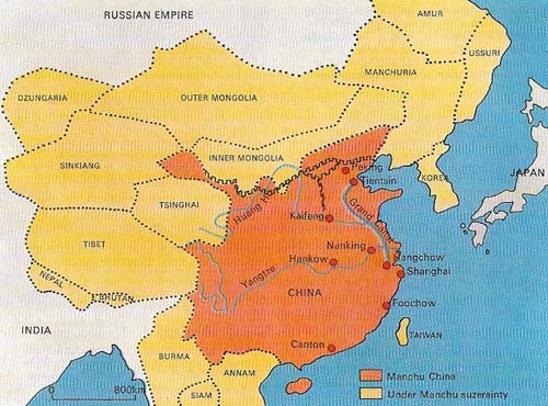 The Manchu Empire in 1800 covered a large area of central and South-East Asia. But already European and Russian expansion in search of trade threatened this shaky conglomerate.