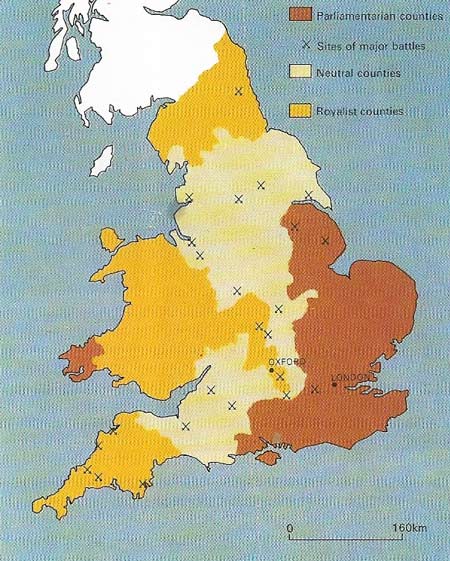 In the first civil war the Royalists were strongest in areas remote from London in the north and west, while the Parliamentarians kept the capital and the populous southeast. Fighting followed for control of divided areas.