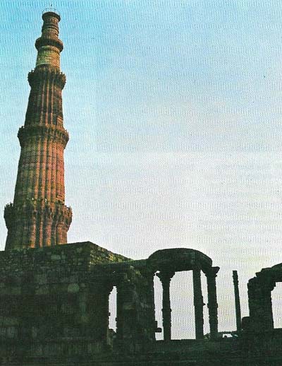 The Qutb-Minar at Lalkot, Delhi, was built c. 1230 with later additions.