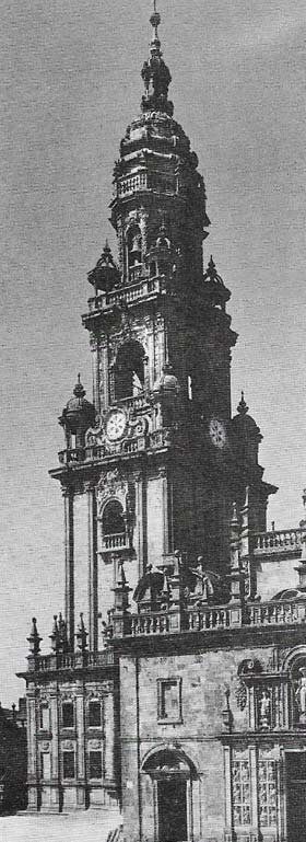 Spanish Baroque architecture commonly has separate units or blocks placed on top of each other, the vertical effect so created being emphasized by pepperpot domes, turrets and slender grouped pilasters. The Reloj Tower of Santiago da Compostella Cathedral, exemplifying this, was designed by Domingo de Andrade. Its encrusted decoration is also typical.