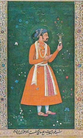 The Mogul emperor Shah Jehan looks at a piece of jewelry in this portrait (c. 1618) that reflects most of the characteristics of post-Muslim conquest Indian art.