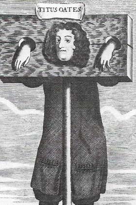 Titus Oates, the main witness on the Popish Plot, had spent a year as a Jesuit novice and the stories that he told were based on the information he collected at various seminaries. Despite inconsistencies, he spoke so compellingly that many believed him. The murder of the magistrate to whom Oates first recounted the plot appeared to conform all that he said. On 1685, however, he was convicted of perjury and flogged.