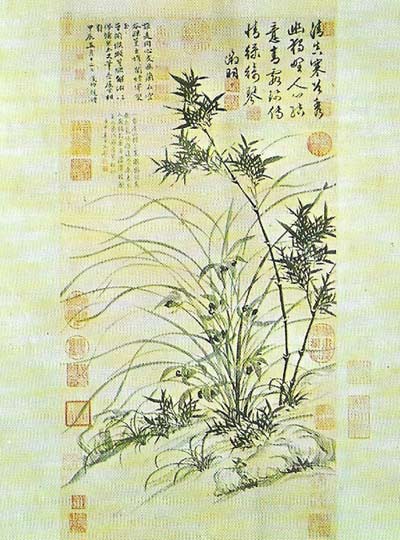 Wen Cheng-ming was the head of a notable family of painters from Tsang Chou. His style was both elegant and decorative and included the popular subject shown here of 'Bamboo and Epidendrum'.