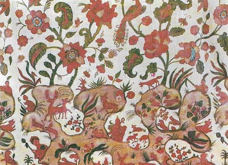 Cotton paintings on an 18th-century coverlet combine Indian technique and European designs, such as engravings of ornamental motifs. Hand-painted at first, they were later block-printed.