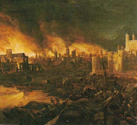 The Great Fire (1666) began in a baker's house in pudding lane and raged for three days. It destroyed 13,000 houses, St Paul's, 87 parish churches and many public buildings. Deaths were few but half the population was rendered homeless.