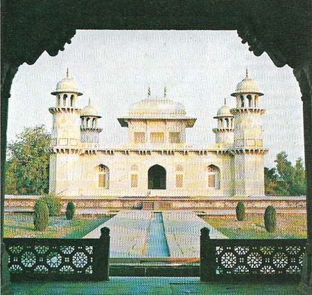 A mausoleum at Agra, erected in 1628, is constructed of marble inlaid with patterns of colored stone.