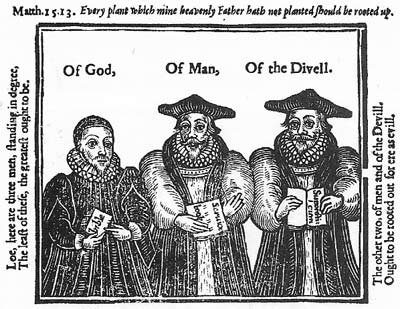This religious cartoon sets the orthodox Anglican cleric holding the humanly inspired Book of Common Prayer alongside the papist priest with his Devil-inspired superstitions and against the Puritan minister with the divinely inspired Bible.