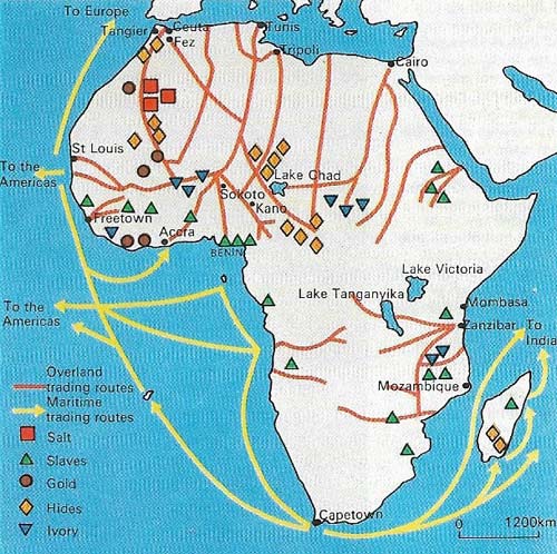 Although Africa was a major source of various goods, it was primarily the slave trade that established its link with the outside world as well as encouraging trade routes from within it. There was a steady flow of slaves to Muslim lands but most were shipped from west and west-central Africa for labour in the New World.