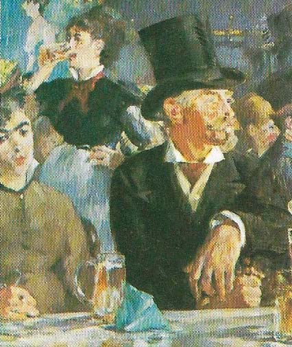 After 1860, cafes were a popular subject of the Realists, and cropping of the image to produce a casual effect, as in a photograph, became common. 'Au Café' (1878) by Edouard Manet (1832-1883) is an example of this.
