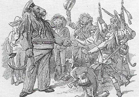 The white colonies assisted Britain in the South African (Boer) War of 1899-1902. Australia became federated and self-governing in 1901. Its states are shown here as cubs supporting the British lion.