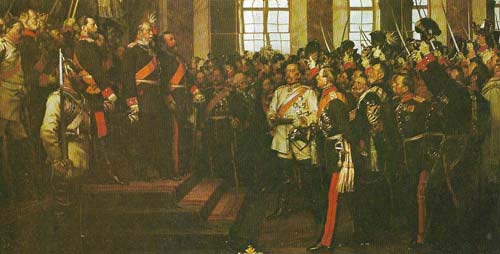 Kaiser Wilhelm I of Prussia was acclaimed German Emperor at Versailles in 1871. He called it 'The unhappiest day of my life'; he had wanted the less democratic title 'Emperor of Germany' and left the room without glancing at the architect of the new Germany, Bismarck. Bismarck (center) had crushed all opposition to German reunification by 'blood and iron'. It was his skill and vision that had created Germany; as Chancellor until 1890 he moulded its institutions and laboured to make it inviolable. Von Moltke (1800-1891) (on Bismarck's left), chief of the Prussian General Staff, was the strategist of the triumphs against Austria and France.