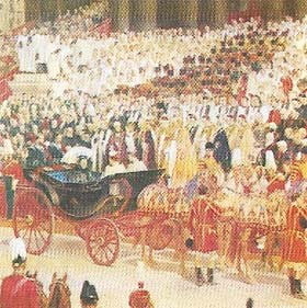 The Diamond Jubilee of 22 June 1897 was a grand imperial festival which was attended by representatives of Victoria's 387 million subjects. The queen was 78 and suffered from rheumatism and failing eyesight. The short service at St Paul's, which marked the halfway point of the royal procession from Buckingham Palace, was held outside the cathedral to avoid carrying the queen up the steps in a wheelchair.