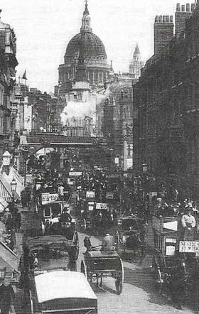 St Paul's Cathedral, erected in more spacious days, looks down on the Fleet Street of 1900 when vehicles thronged London's streets and traffic jams had become common.