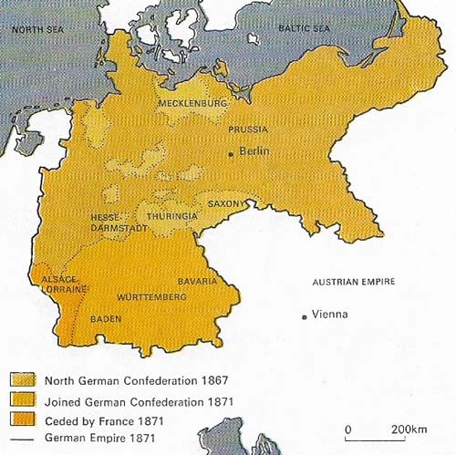 A potpourri of 39 states, the German Confederation, was united in the customs-free Zollverein in 1844. The Confederation was further extended by the Austro-Prussian War of 1866.